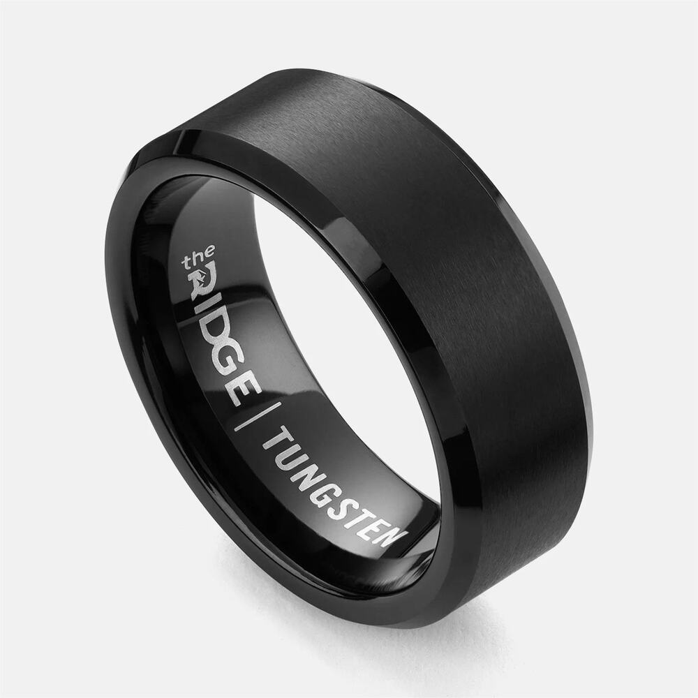 Ridge Tungsten Ring 8mm Beveled Royal Black Mens Wedding Band 12/12.5